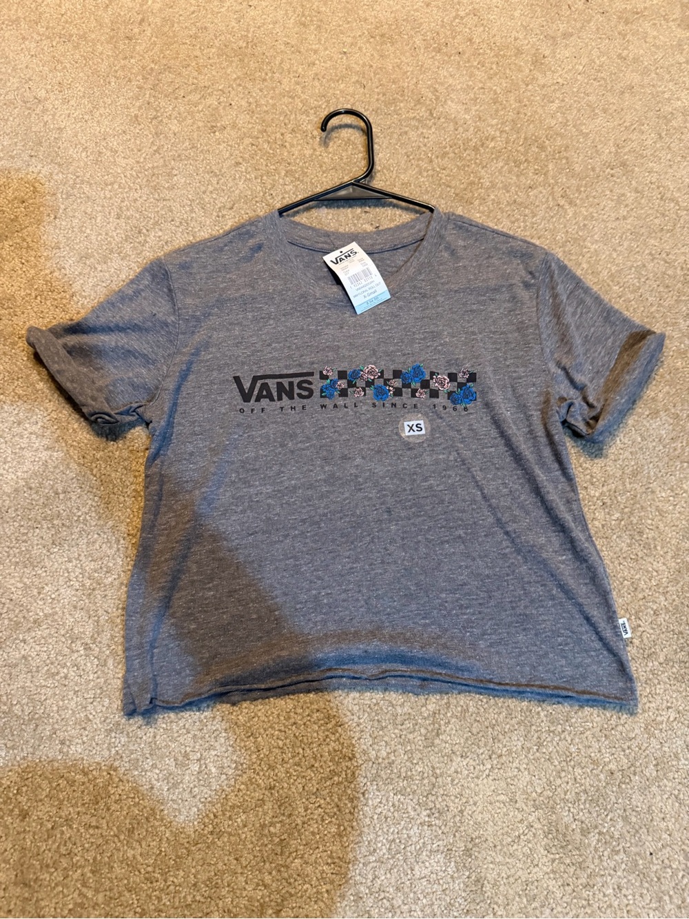 Vans Gray Tee with Black Logo and Blue Floral Accents